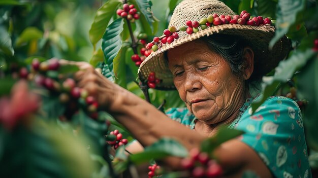 Un fermier latino récolte soigneusement des cerises de café