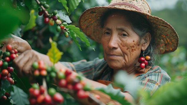 Un fermier latino récolte soigneusement des cerises de café