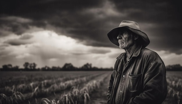 Fermier mature debout seul regardant la nature générée par l'IA