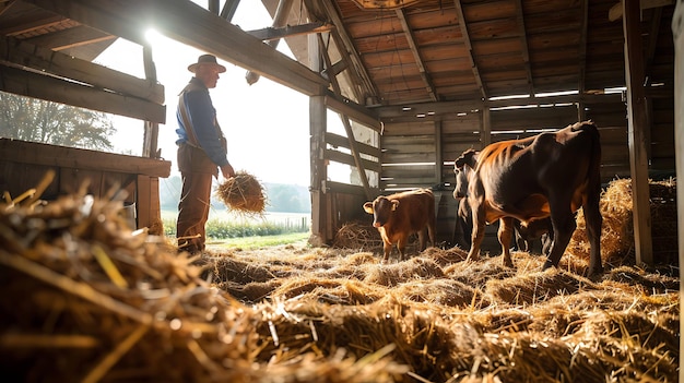 Un fermier nourrit du foin une vache et un veau dans une grange la grange est faite de bois et a un grenier le fermier porte un chapeau et une combinaison