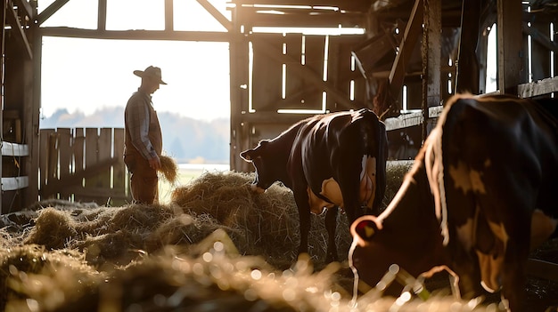 Un fermier nourrit ses vaches de foin dans une grange. Le soleil brille à travers la porte de la grange, créant une scène chaleureuse et accueillante.