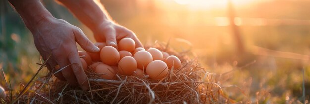 Un fermier ou un ouvrier prend les œufs du nid à la main