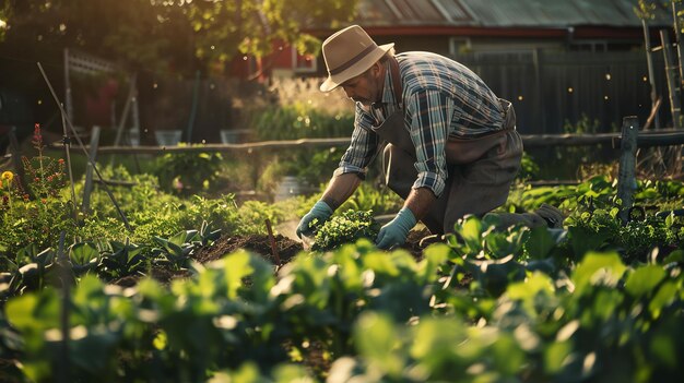 Photo un fermier portant un chapeau et un tablier plante des semis dans un jardin vert luxuriant le soleil brille et le fermier est agenouillé dans le sol