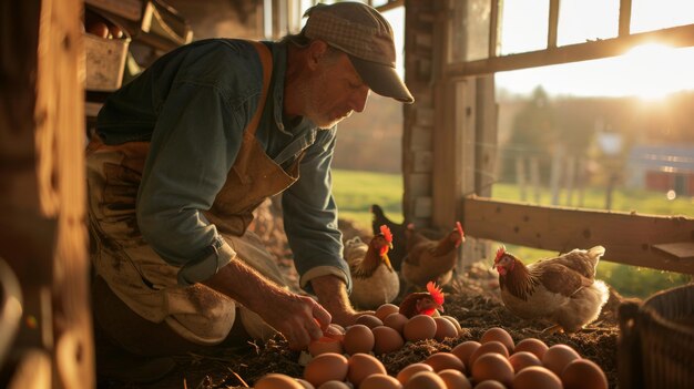 Photo un fermier rassemblant des œufs fraîchement pondus dans un poulailler en plein air en l'honneur du travail acharné et du dévouement des poules mères