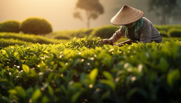 un fermier récolte du thé au coucher du soleil