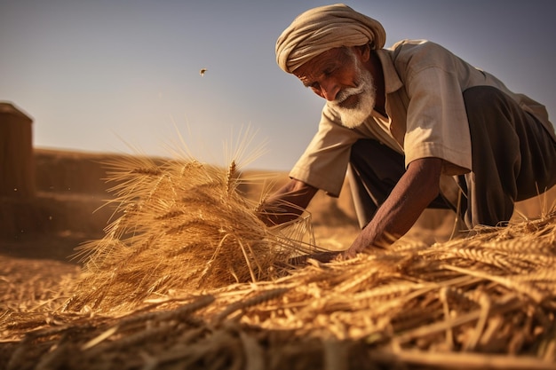 un fermier recueille du grain