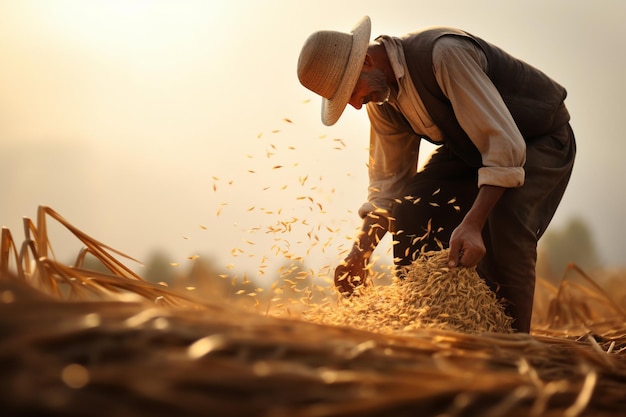 un fermier recueille du grain