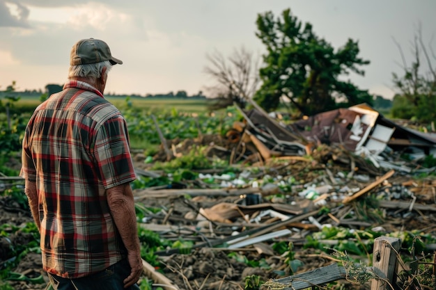 Un fermier regarde son jardin détruit par une tornade.