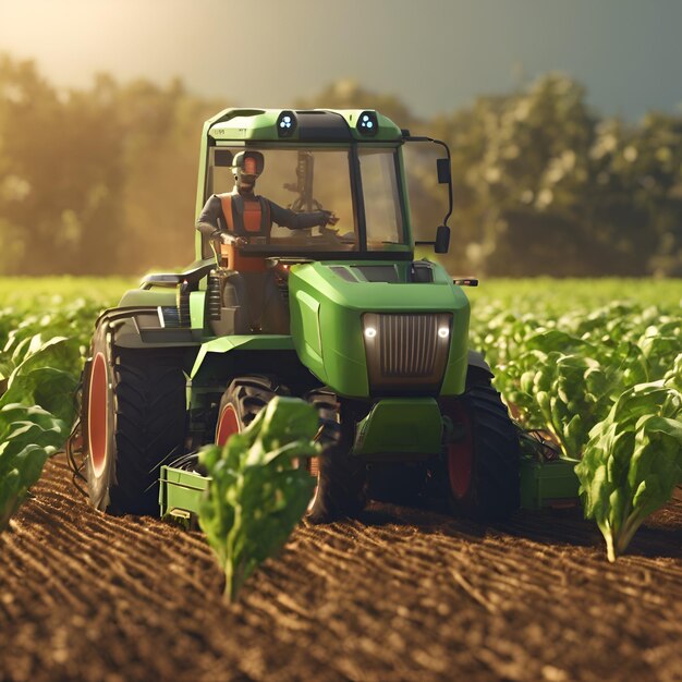 Un fermier robot récoltant des récoltes dans une ferme futuriste