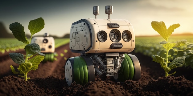Photo fermier robotique intelligent observe et vérifie la croissance des plantes la technologie agricole a créé l'ia générative