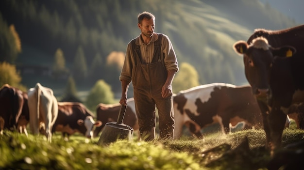 Un fermier s'occupe de ses vaches dans une petite ferme familiale dans les montagnes L'élevage de bétail comme mode de vie Produits biologiques