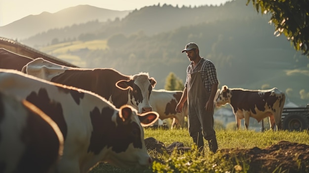 Un fermier s'occupe de ses vaches dans une petite ferme familiale dans les montagnes L'élevage de bétail comme mode de vie Produits biologiques