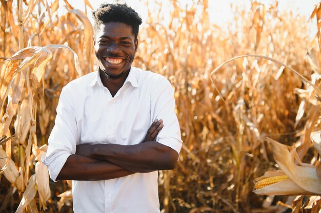 Fermier avec sa petite plantation de maïs. Hispanique en tenue décontractée, debout sur le terrain.