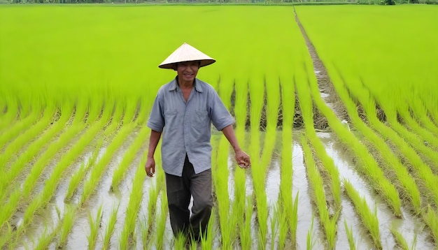 Photo un fermier se promène dans un champ de riz avec un chapeau de paille