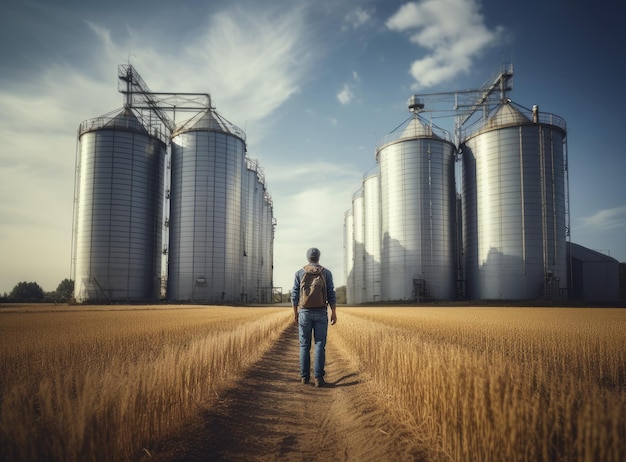 Un fermier se promène le long des silos dans un champ ensoleillé créé avec la technologie d'intelligence artificielle générative