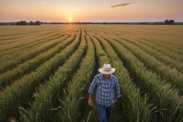 Un fermier se tient dans un champ de blé au coucher du soleil