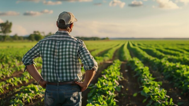 Un fermier se tient dans son champ à regarder l'horizon il porte une chemise à carreaux et des jeans et il a les mains sur les hanches