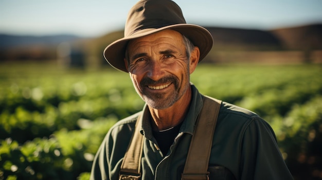 Un fermier souriant dans le champ au coucher du soleil, un homme d'âge moyen.