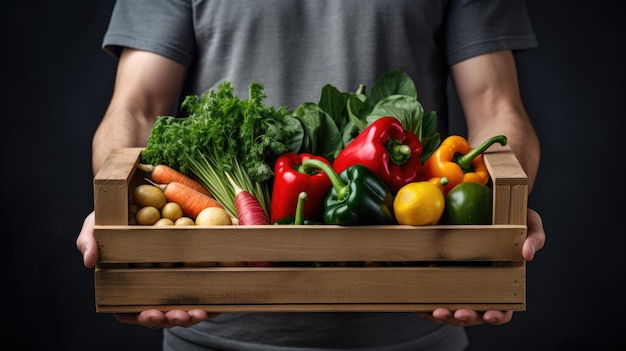 Un fermier tenant une caisse en bois remplie d'un assortiment de légumes frais colorés