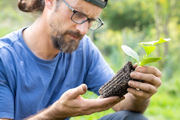 Photo fermier tenant un semis dans ses mains. concept d'agriculture durable et respectueuse