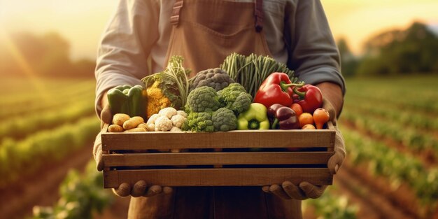 Le fermier tient la boîte en bois avec l'IA générée