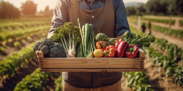 Le fermier tient la boîte en bois avec l'IA générée