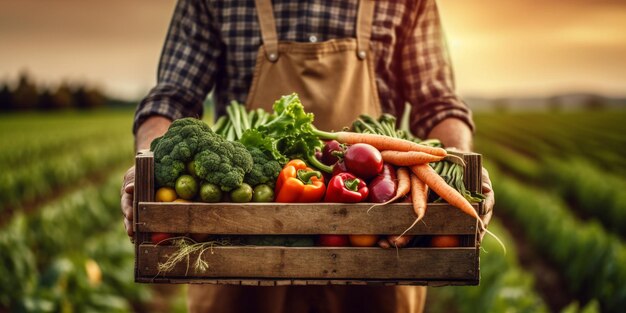 Le fermier tient la boîte en bois avec l'IA générée