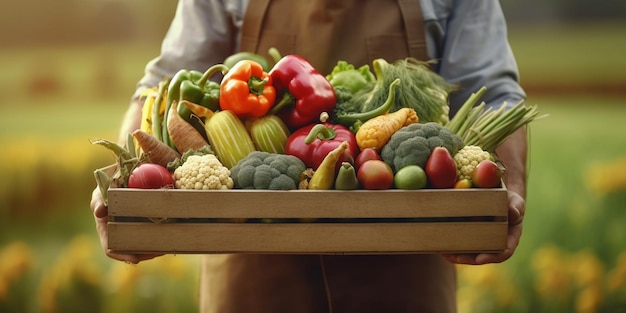 Le fermier tient la boîte en bois avec l'IA générée