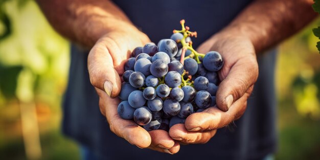 Un fermier tient un bouquet de raisins dans ses mains. Vue rapprochée de la récolte.