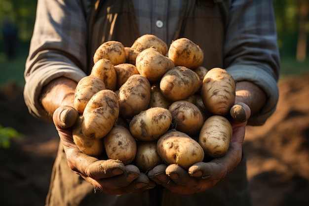 Un fermier tient des pommes de terre dans ses mains.