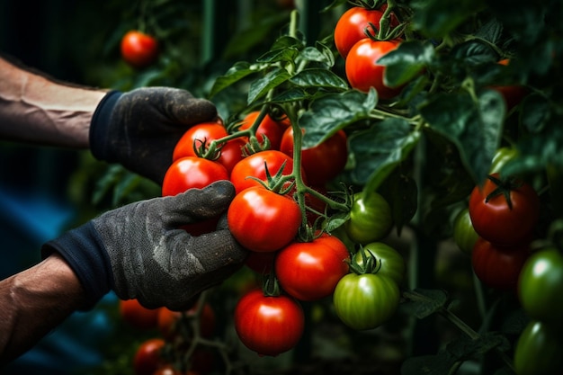 Un fermier tient des tomates rouges mûres dans ses mains.