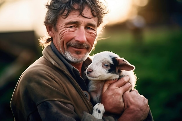 Un fermier tient un veau nouveau-né dans ses bras Élevage et agriculture La naissance d'un veau dans une petite ferme Élevage de bétail Élevage dans les zones rurales