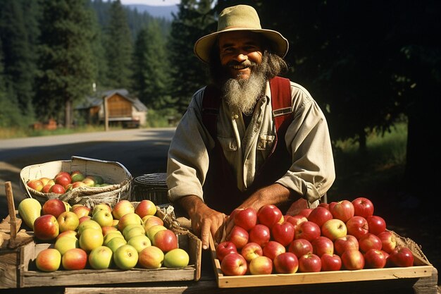 Photo un fermier vendant des pommes à un kiosque au bord de la route