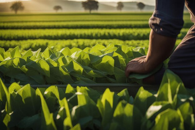 Photo le fermier vérifiant la feuille verte