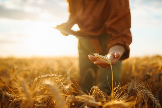 Fermière sur un champ de blé avec une tablette dans les mains Ferme intelligente Concept de jardinage agricole