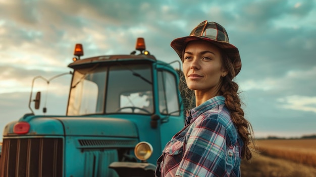 Photo une fermière confiante à côté d'un tracteur vintage