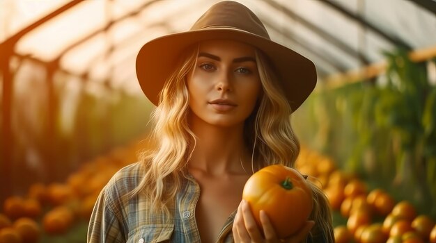 Une fermière cultive des citrouilles.