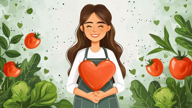 Fermière de dessins animés tenant un légume en forme de cœur