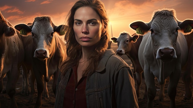 Fermière heureuse debout avec des vaches à la ferme bovine Fermière élevant des vaches