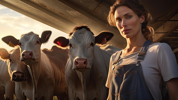 Fermière heureuse debout avec des vaches à la ferme bovine Fermière élevant des vaches