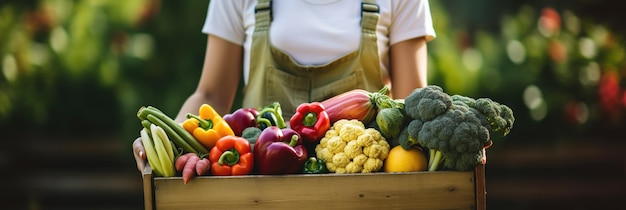 Une fermière heureuse tenant une boîte de produits frais