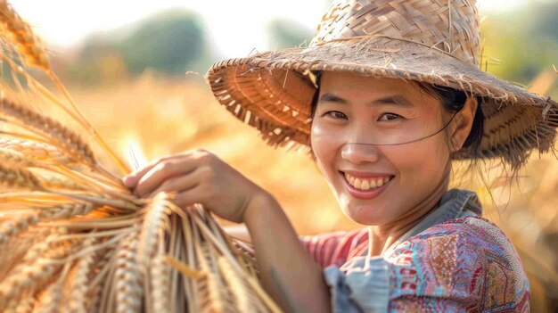 une fermière heureuse vérifiant la récolte dans le champ