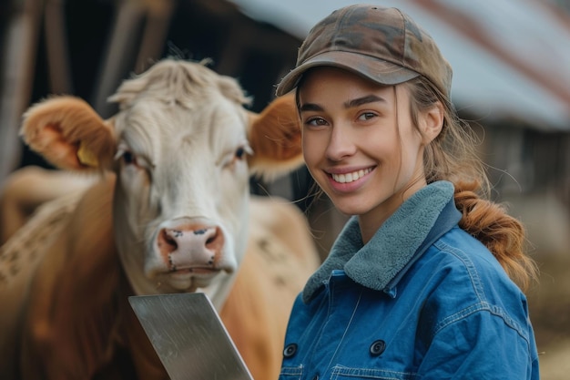 Une fermière souriante avec une vache contente sur une ferme rustique