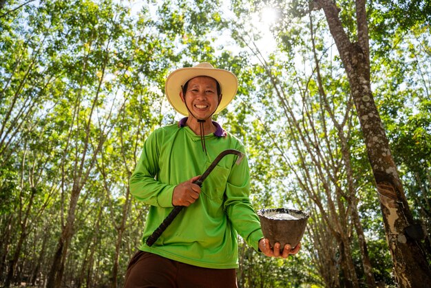 Photo des fermiers asiatiques heureux tiennent des tasses de latex dans une plantation d'arbres à caoutchouc en thaïlande.