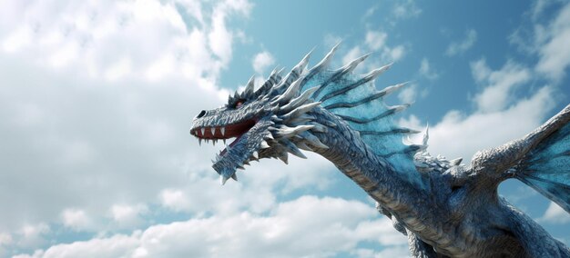 Un féroce dragon fantastique bleu glacier dans un ciel bleu avec des nuages Je me tiens droit et fier