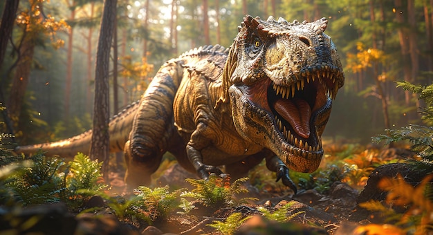 Le feroce Tyrannosaurus Rex rugissant dans une forêt préhistorique éclairée par le soleil