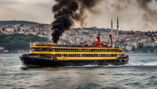 un ferry jaune et rouge avec de la fumée sortant du haut