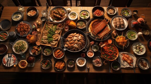 Un festin abondant sur une table en bois