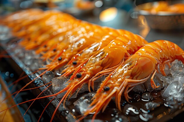 Un festin de crevettes fraîches avec des herbes aromatiques sur une surface humide