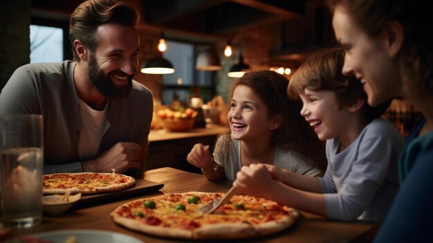 Festin de famille cinématographique encadrant une photo d'une famille dégustant une pizza ensemble